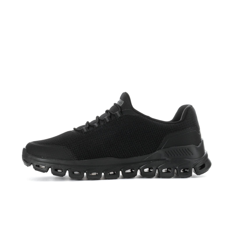 Men's black wide lace-up knit sneakers, front quarter view