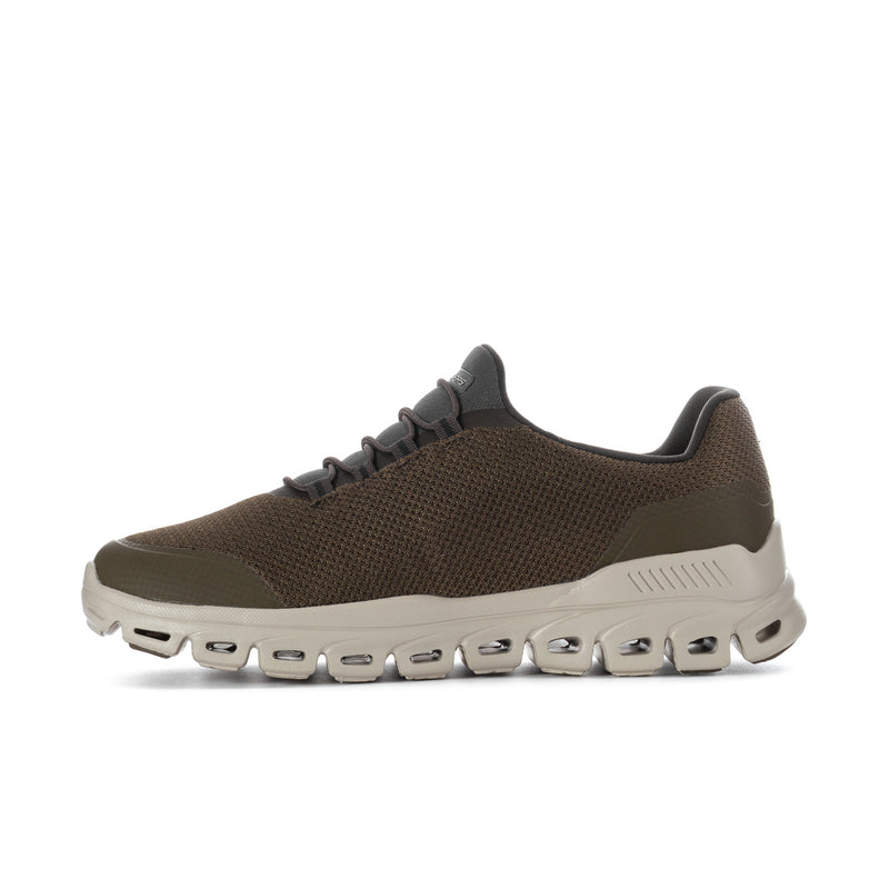 Men's wide olive-brown lace-up sneaker, front angle with white rubber outsole pods