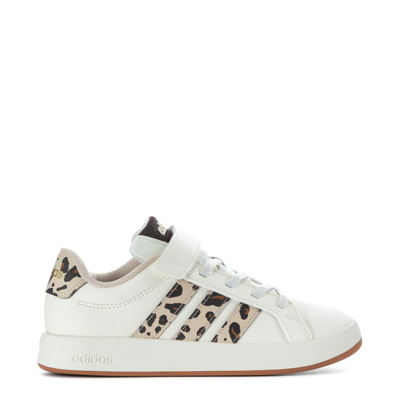 Kids adidas Grand Court sneakers in white with leopard stripe panels and tan rubber sole