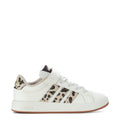 Kids adidas Grand Court sneakers in white with leopard stripe panels and tan rubber sole