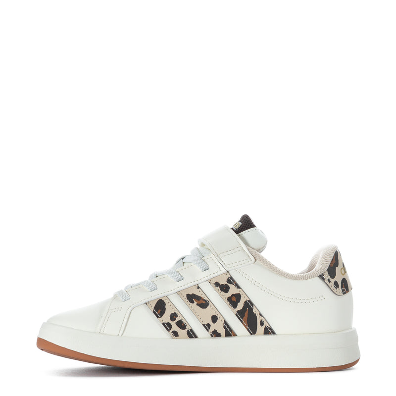 Kids adidas Grand Court sneakers, white upper with leopard stripes and tan gum sole