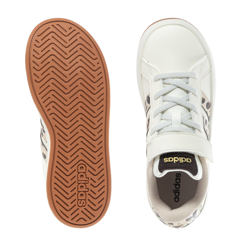 Kids adidas Grand Court sneakers: white upper with leopard detail, gum outsole view