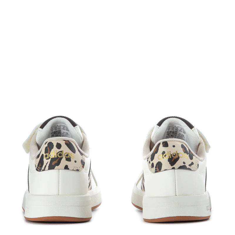 Back view of kids adidas Grand Court sneakers in white with leopard print heel accents