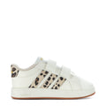 Toddler adidas sneakers, white with leopard-print stripes, two hook-and-loop straps