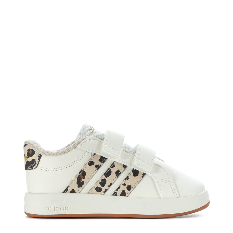 Toddler adidas sneakers, white with leopard-print stripes, two hook-and-loop straps