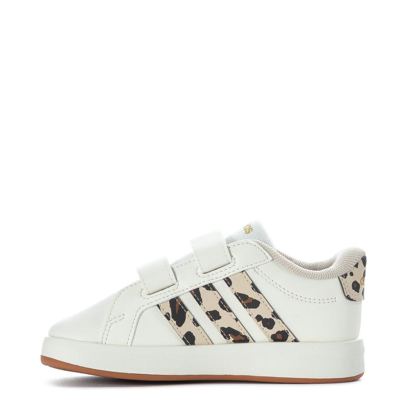 Toddler adidas sneakers, side view in white with leopard-print adidas stripes