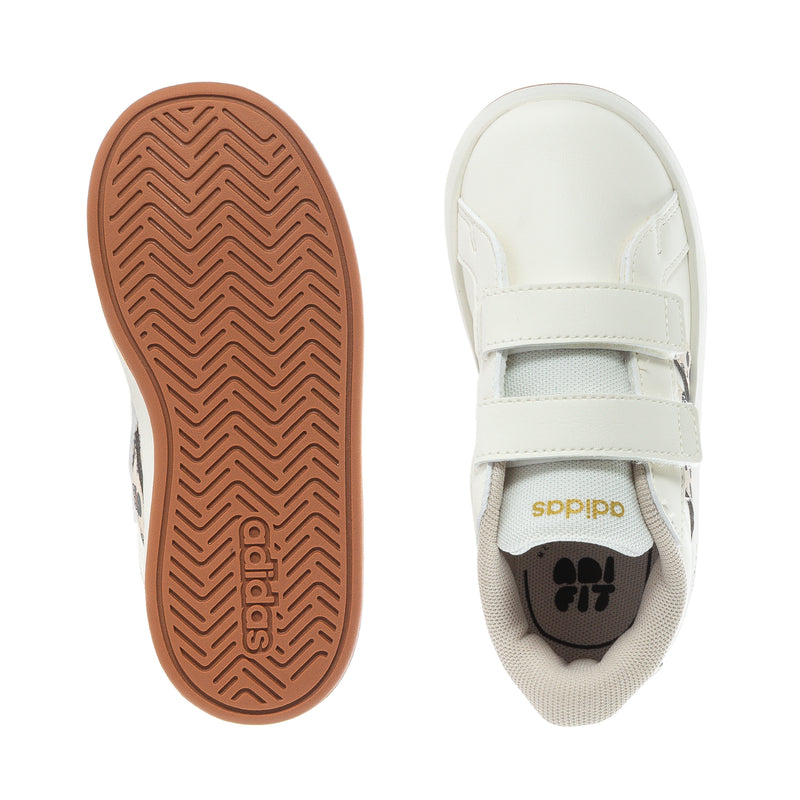 Toddler adidas sneakers: gum outsole and white hook-and-loop strap