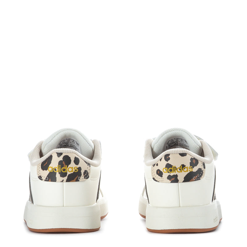 Toddler adidas sneakers, back view with leopard print heel panel and gum sole