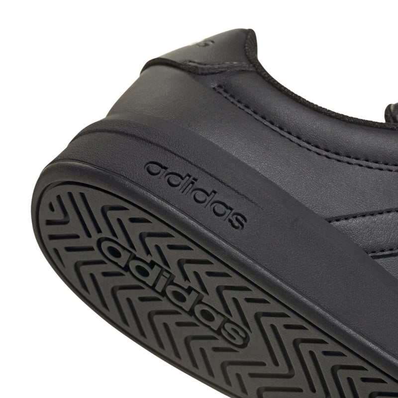 Black adidas sneaker outsole tread close-up with molded grip pattern