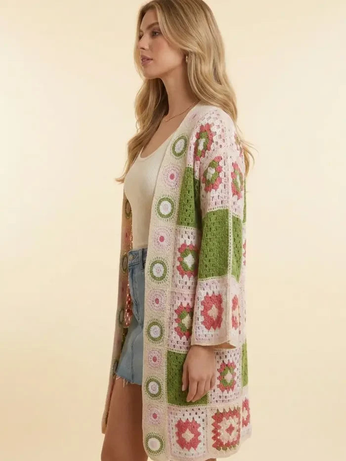 Granny Square Crochet Open-Front Long Cardigan