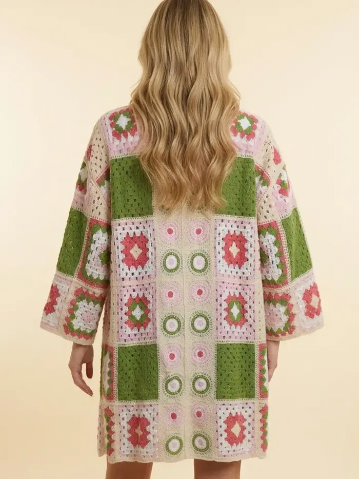 Granny Square Crochet Open-Front Long Cardigan