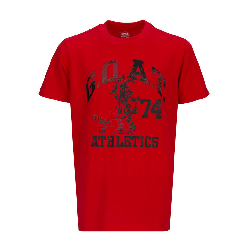 Red youth graphic T-shirt with large black sports lettering on front