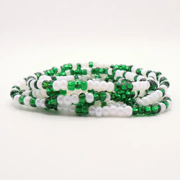 Green and White Seed Bead Game Day Bracelet Stack
