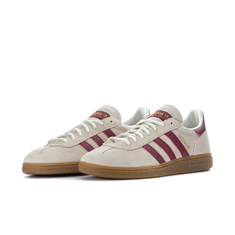Men's sneakers, beige suede upper with burgundy three stripes and gum sole