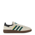 Youth sneakers with off-white leather upper, green striped side, gum rubber sole