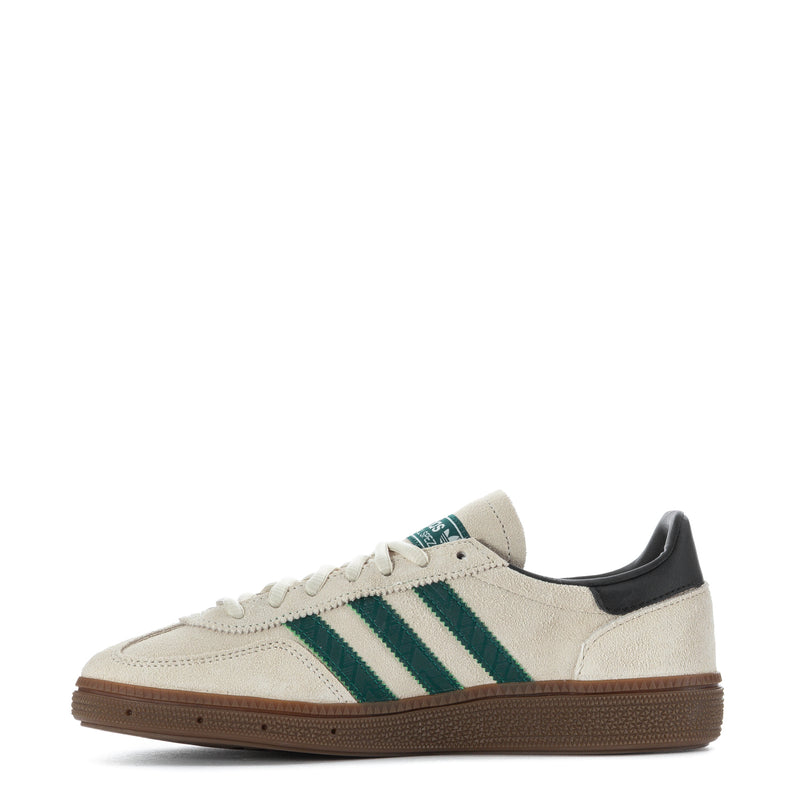 Youth sneakers side view, off-white leather with green triple stripes and gum sole