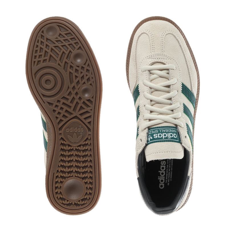 Youth sneakers outsole and side, off-white upper, green stripes, gum tread bottom