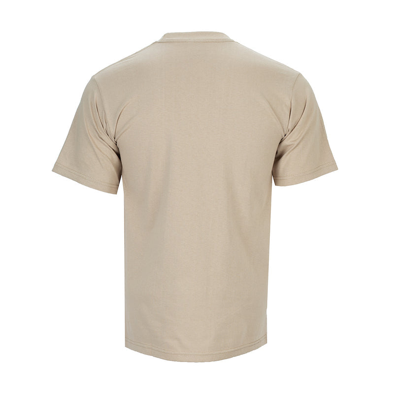 Men's khaki heavyweight crew neck T-shirt, short sleeves, back view