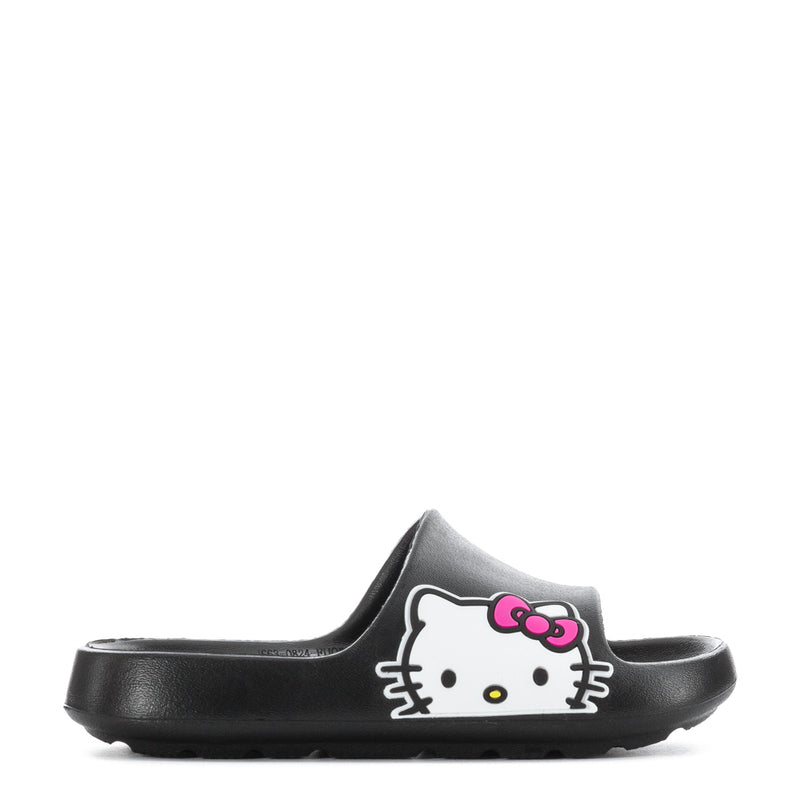 Kids black slide sandals with Hello Kitty face graphic and pink bow