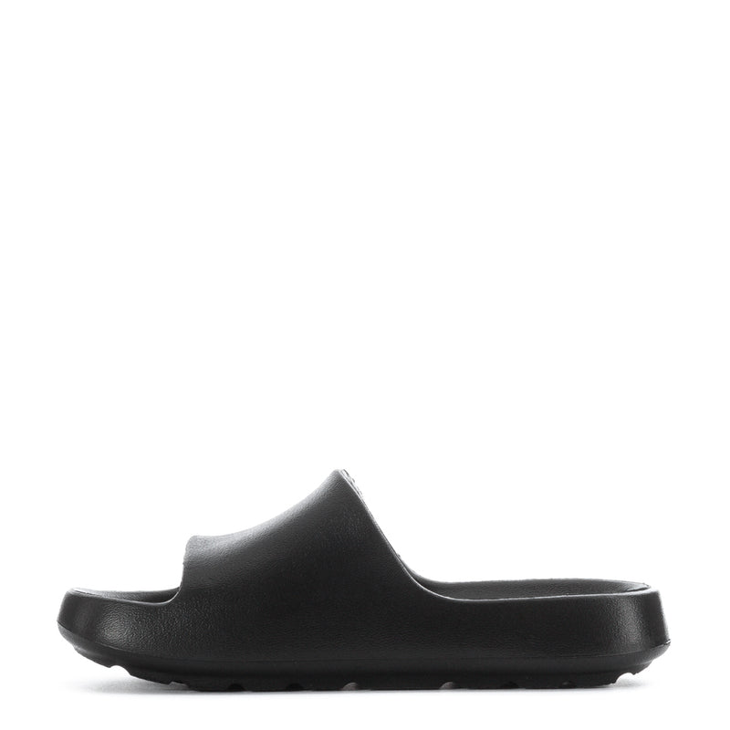 Black kids slide sandals, side view with smooth upper