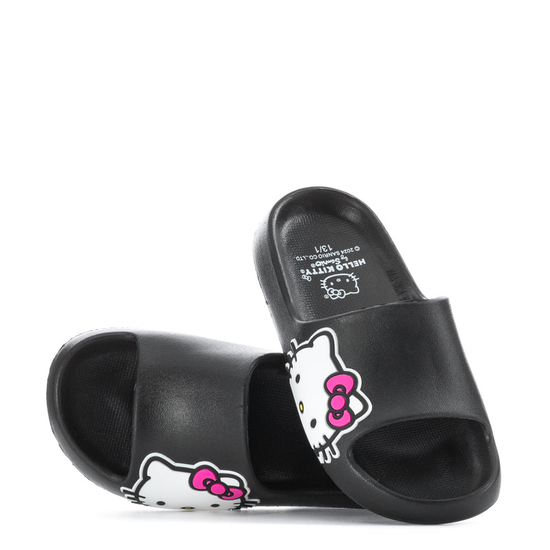 Black kids slide sandals with Hello Kitty cartoon on the strap
