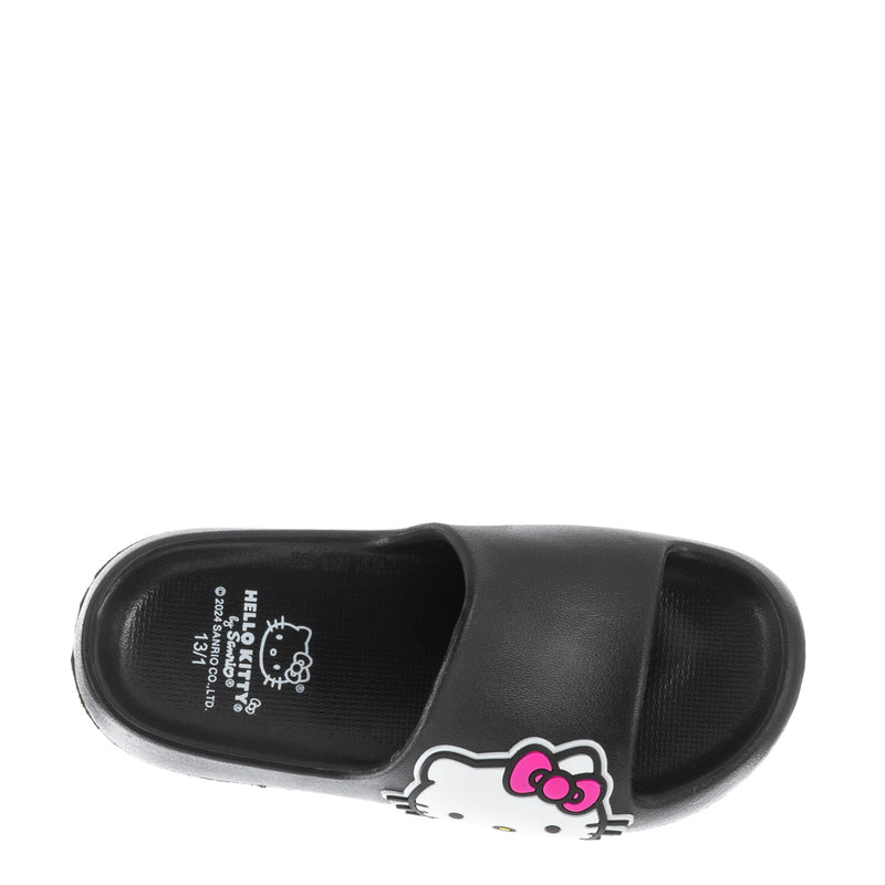 Black kids slide sandals with Hello Kitty graphic on the footbed