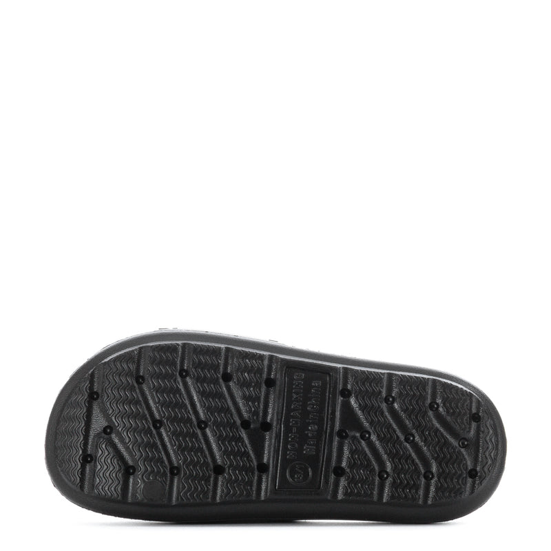 Black kids slide sandals outsole with textured tread pattern