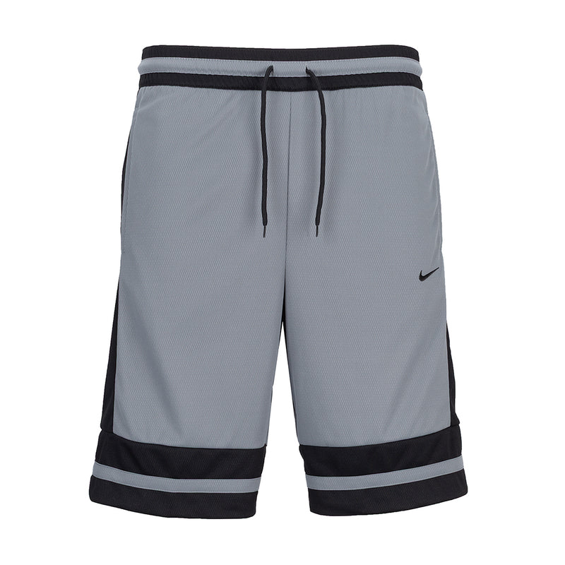 Men's 10-inch basketball shorts in cool grey with black trim and drawstring waist