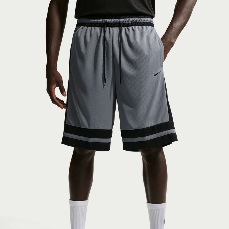 Mens cool grey basketball shorts with elastic waistband, black side bands, and drawstring
