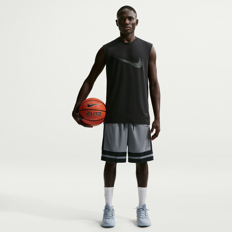 Mens cool grey basketball shorts with black waistband trim and contrasting hem stripe