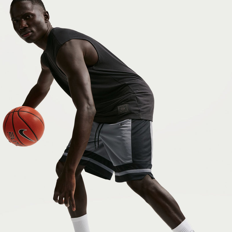 Mens cool grey basketball shorts with black side panels, elastic waist, and drawstring