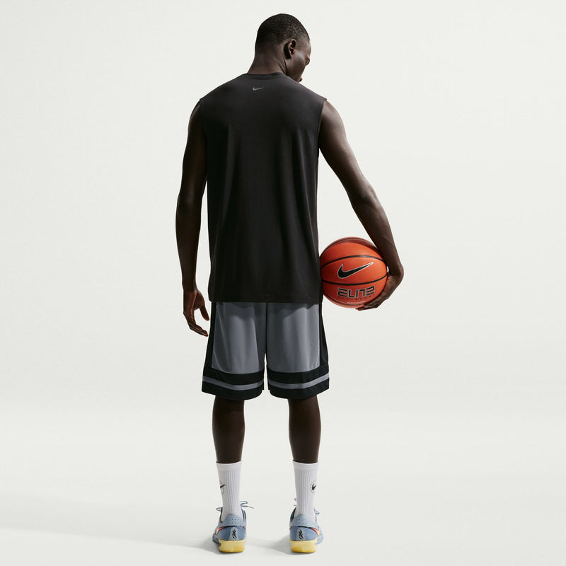 Mens cool grey basketball shorts, back view, with black hem bands and drawstring waist