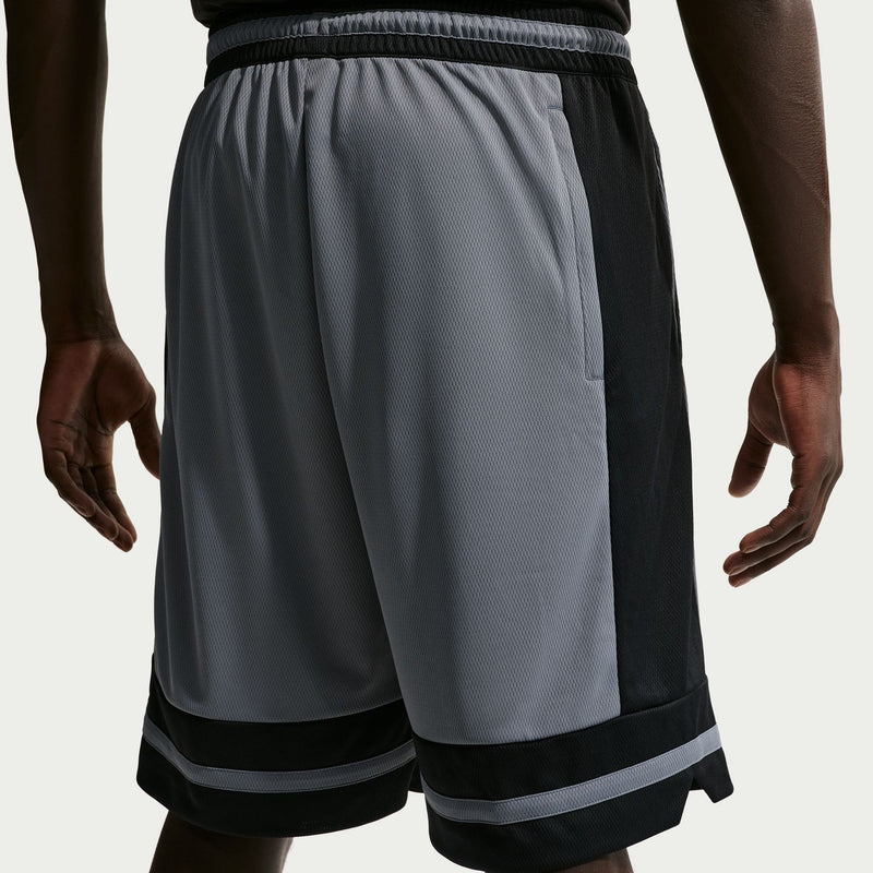 Mens cool grey basketball shorts close-up with elastic waistband and black hem trim