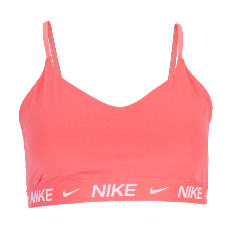 Coral pink Nike sports bra with V-neck and white logo band