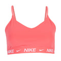 Coral pink Nike sports bra with V-neck and white logo band