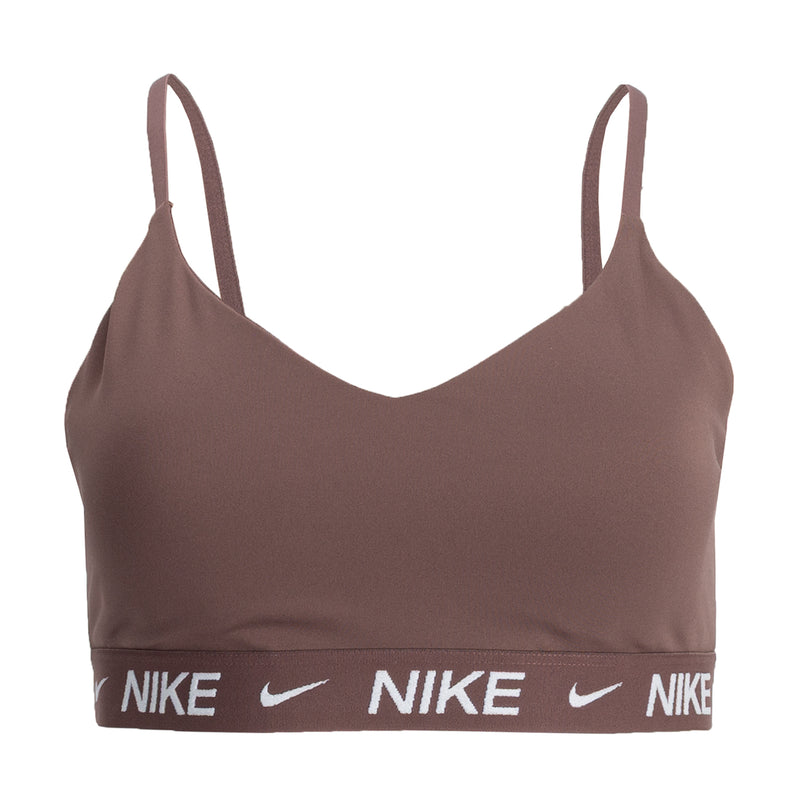 Mauve sports bra with spaghetti straps and Nike logo elastic band