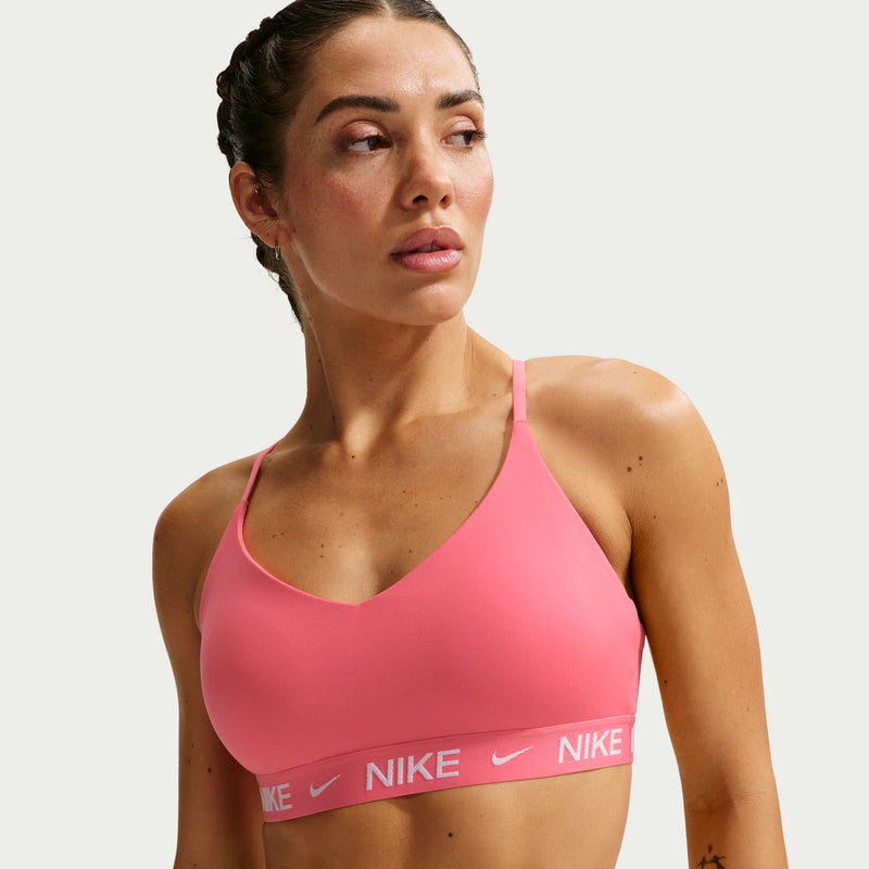 Coral pink sports bra with wide straps and Nike logo elastic band