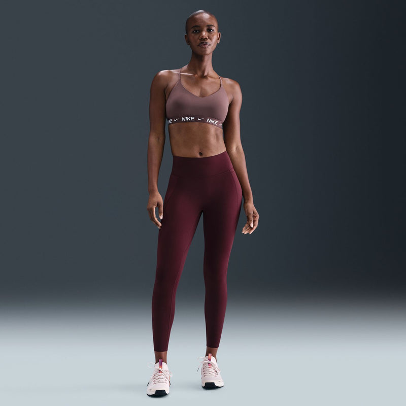 Mauve sports bra with V-neck and thin spaghetti straps, Nike logo elastic band