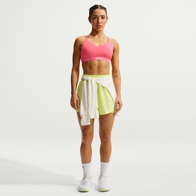 Coral pink sports bra with scoop neckline and Nike logo elastic band