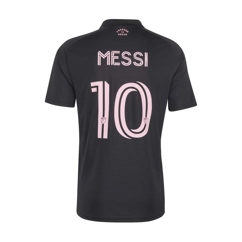 Men's black soccer jersey with pink 'MESSI' and '10' on the back