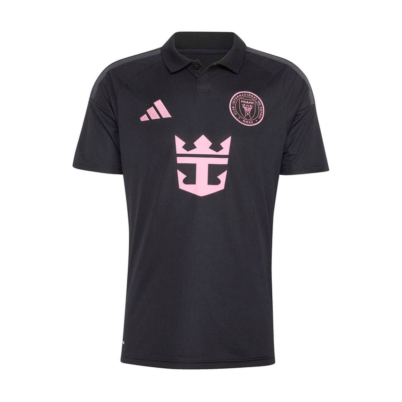Men's black soccer jersey with pink crest, Adidas logo, and center graphic