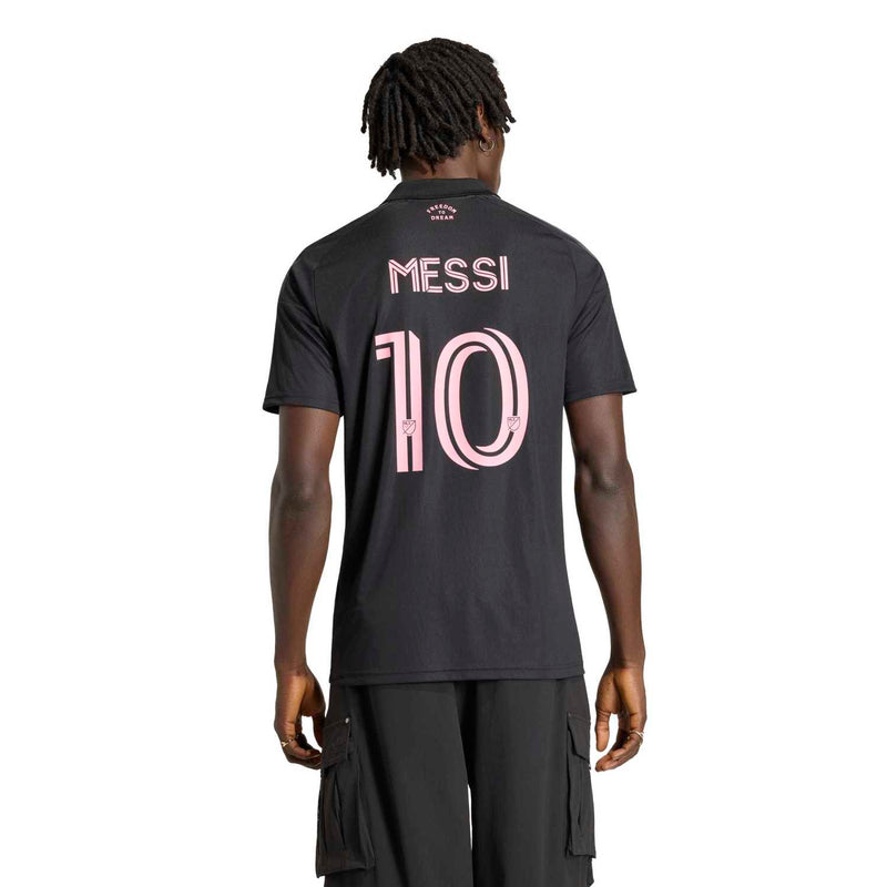 Men's black soccer jersey back view with pink 'MESSI' name and '10' number