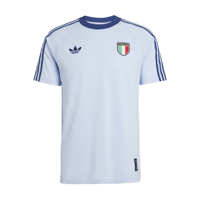 Light blue men’s crewneck T-shirt with Italy crest and adidas-style sleeve stripes