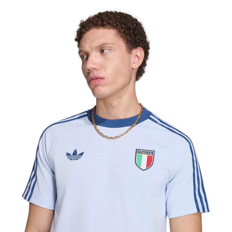 Light blue men’s crewneck T-shirt with Italy crest and adidas trefoil logo on chest
