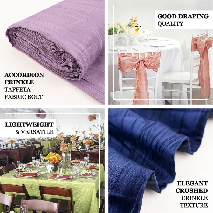 Accordion crinkle taffeta fabric bolt in purple, showcasing good draping quality and texture.