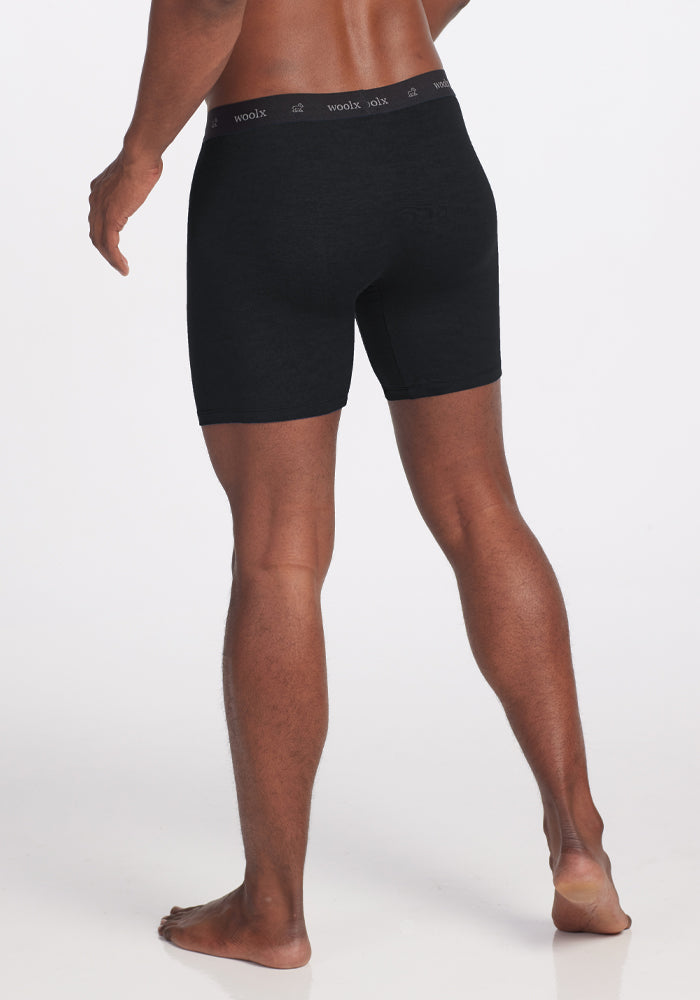 A person is shown from behind, dressed in black Jazzy No Fly Boxer Briefs with a gray waistband by Woolx, against a simple white background.