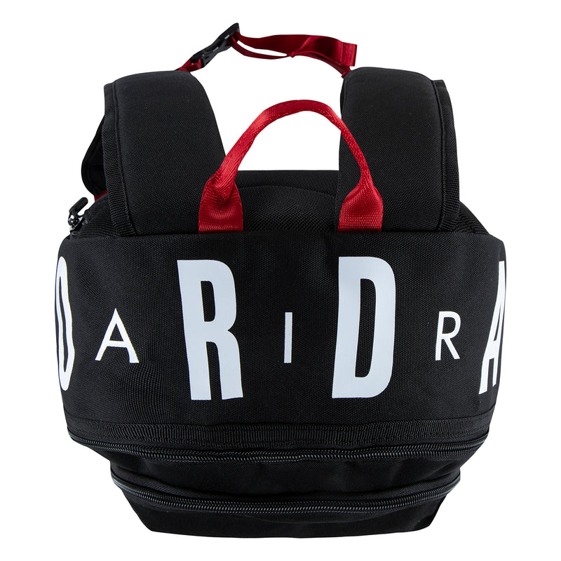 Black backpack with red handles and large 'AIR' lettering on front panel
