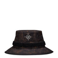 Brown/olive bucket hat with compass graphic and wide brim, black adjustable band
