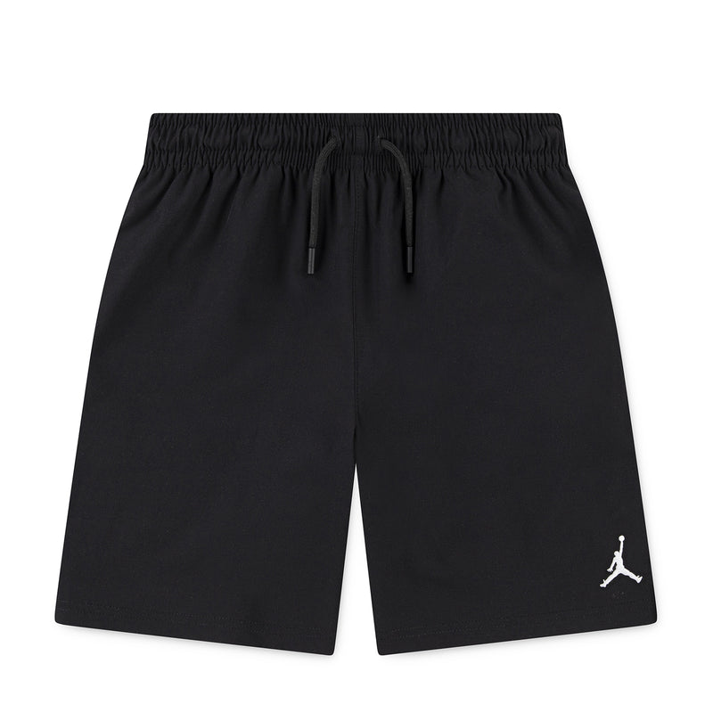 Youth black woven play shorts with elastic waistband and drawstring
