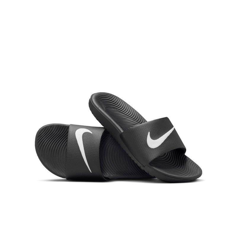 Youth black slide sandals with white swoosh logo and textured straps
